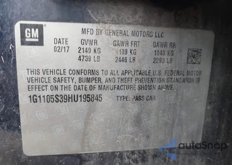 2017 Chevrolet Impala 1Lt z USA, uszkodzony, nr VIN 1G1105S39HU195845